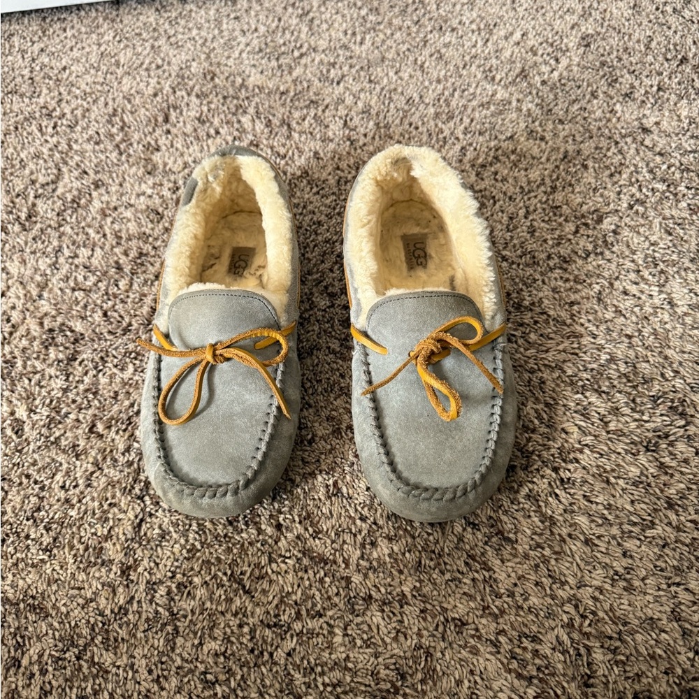 UGG Tan and Gray Suede Moccasin Slippers